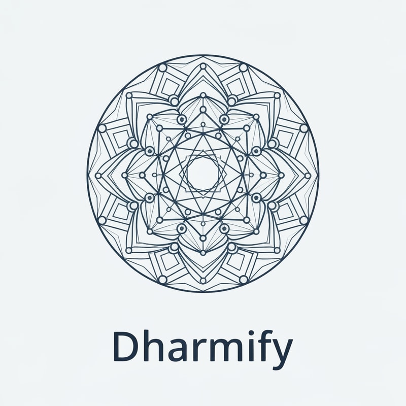 A circular mandala built with geometric nodes and lines, resembling both a sacred design and a digital network. It conveys ancient wisdom adapted to today’s digital platforms. “Dharmify” sits below in calm lowercase type, emphasizing accessibility and peace.