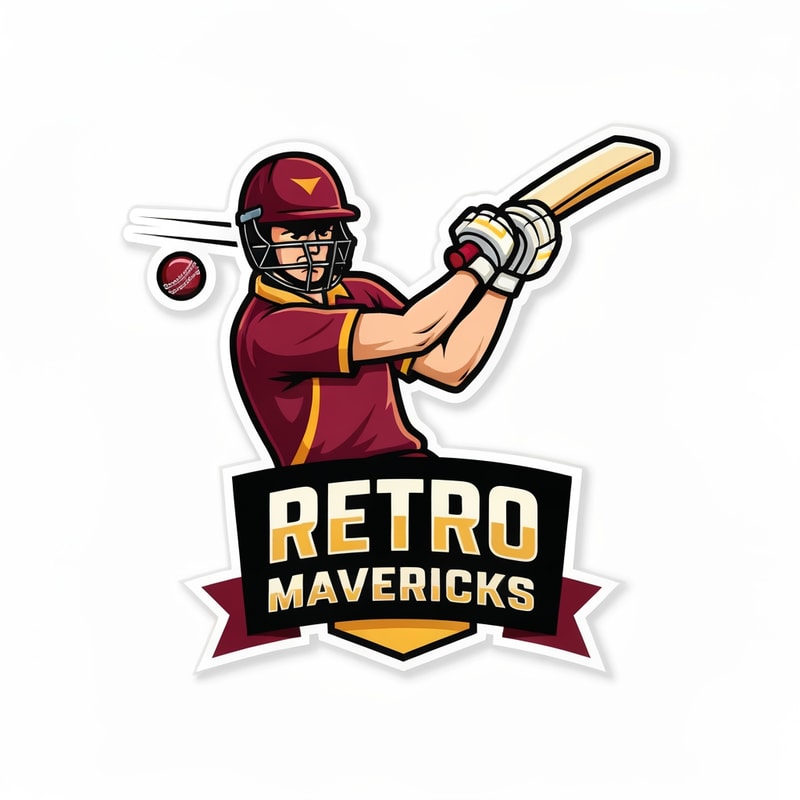 Create a bold, modern cricket team mascot logo for “RETRO MAVERICKS”.
Style: same as the sample image — thick outlines, strong shadows, cartoon-mascot look, high-contrast colors.

Main character: a dynamic cricket batsman in action, mid-swing, facing forward at a slight angle.  
Add a flying cricket ball near the swing path for motion effect.
Batsman outfit: maroon and gold uniform, helmet, gloves, and pads.
Make the character powerful, energetic, and expressive.

Logo structure:
• Character on top  
• “RETRO MAVERICKS” text banner below in bold athletic sports typeface  
• Add a small ribbon or plate under the text similar to reference style  

Color palette:
• Maroon (primary)  
• Gold (secondary)  
• Cream/white highlights  
• Black for outline and depth  

Design rules:
• Strong thick white stroke around the whole mascot  
• Sharp vector outlines  
• Slight shadow and depth for premium look  
• No background (transparent)  
• High-resolution esport-style team logo  

Make the overall look identical in style to modern cricket esports logos, similar to the reference image.