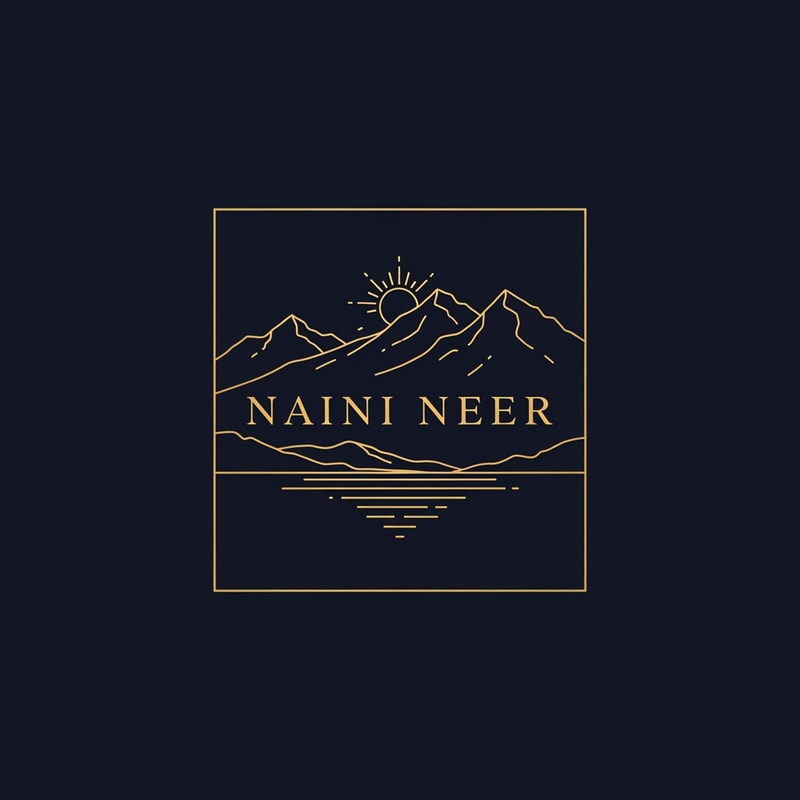 “Design a luxury SQUARE logo for NAINI NEER using only thin gold line art.
Inside the square, draw minimal outlines of a calm lake, mountain peaks, and a rising sun using elegant gold linework on a dark navy background.
Place the text NAINI NEER centered inside the square in gold serif typography, perfectly aligned with the illustration.
Style should feel premium, modern, and exclusive. No gradients, no tagline.”