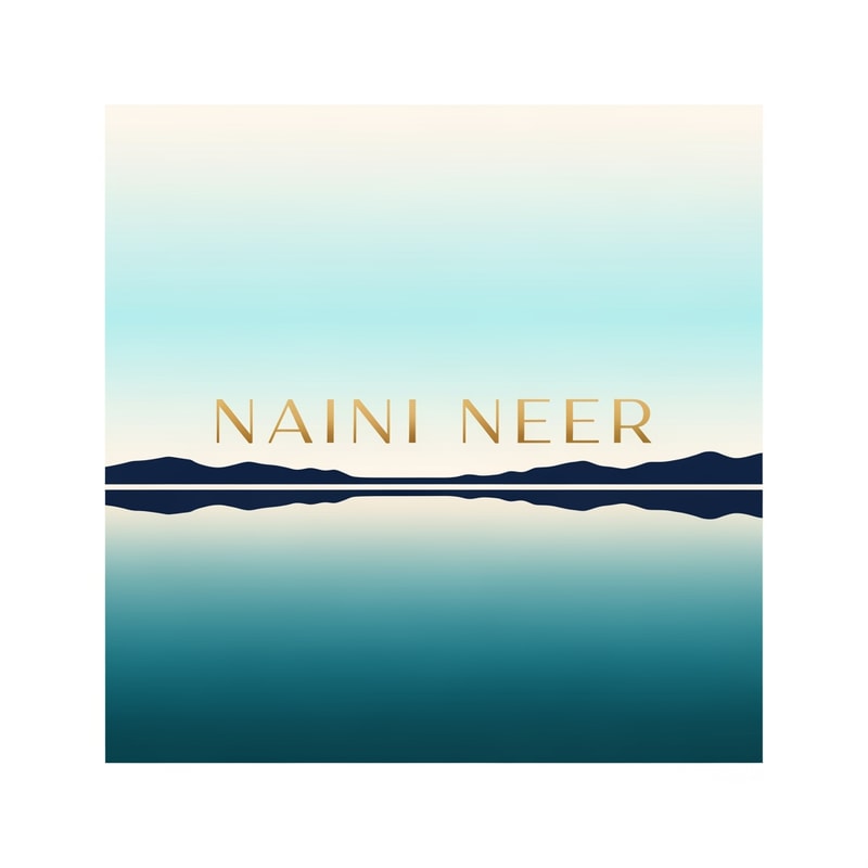 “Design a minimal luxury SQUARE logo for NAINI NEER.
Inside the square, divide the composition with a horizon line showing a tranquil lake at the bottom and a soft sky gradient at the top. Add a subtle mountain silhouette along the horizon. Use a clean flat-vector style with teal, navy, and soft gold accents.
Place the text NAINI NEER centered across the middle, aligned with the horizon line, using elegant modern serif typography. Keep the design minimal, balanced, and premium. No tagline.”