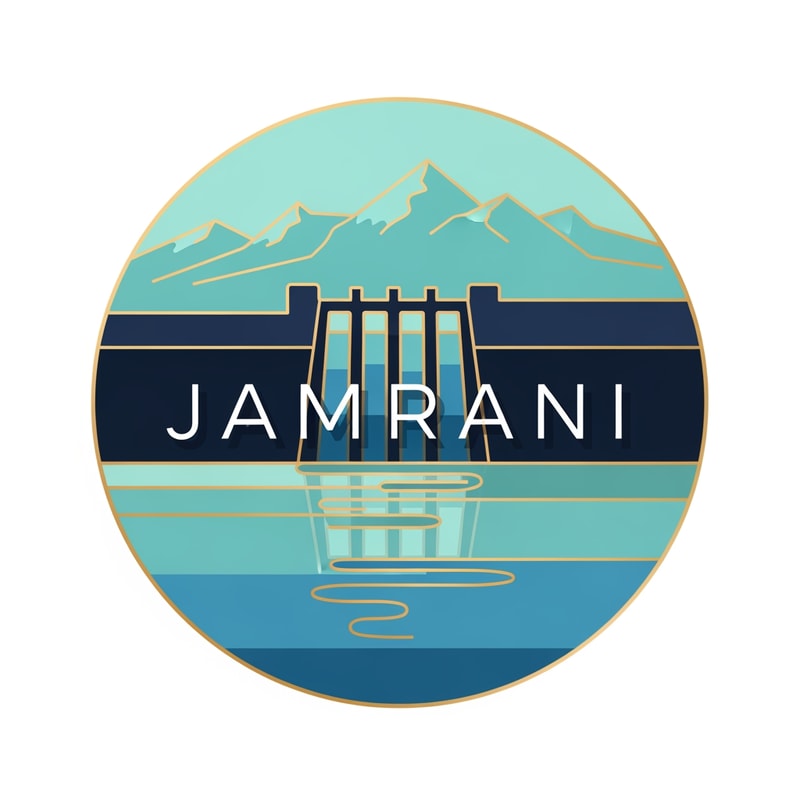 “Design a modern circular logo for JAMRANI featuring a minimal geometric dam silhouette at the center, with reflective water below and a soft mountain outline above.
Use a clean flat-vector style with aqua blues, deep navy, and soft gold.
Place JAMRANI in the middle of the circle in refined semi-serif typography with light shadow integration.
Keep shapes simple, symmetrical, and premium.
Mood: fresh, modern, pure, high-quality water source.”
