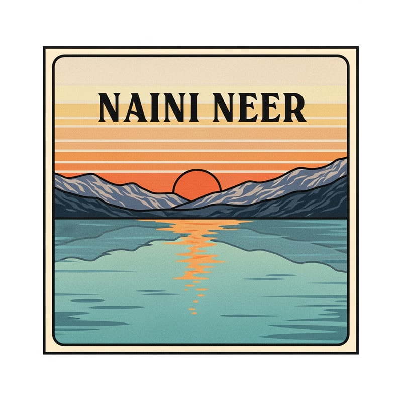 “Design a retro travel-postcard inspired SQUARE logo for NAINI NEER.
Inside the square, illustrate a lake scene with warm vintage tones: soft teal water, orange sun, textured mountains, and faded retro sky gradient.
Use thick outlines and soft grain texture for an old postcard effect.
Place the text NAINI NEER prominently in the CENTER of the square in bold classic typography.
Keep the vibe nostalgic but clean. No tagline.”
