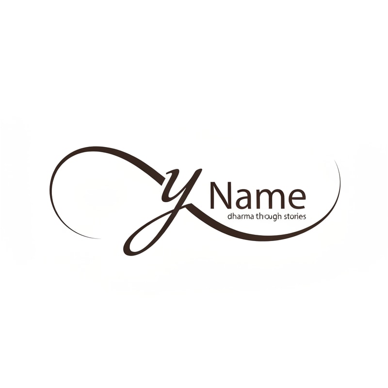 Let the tail of y curve back under the name forming a gentle infinity loop. It expresses endless wisdom and continuity of dharma through stories.