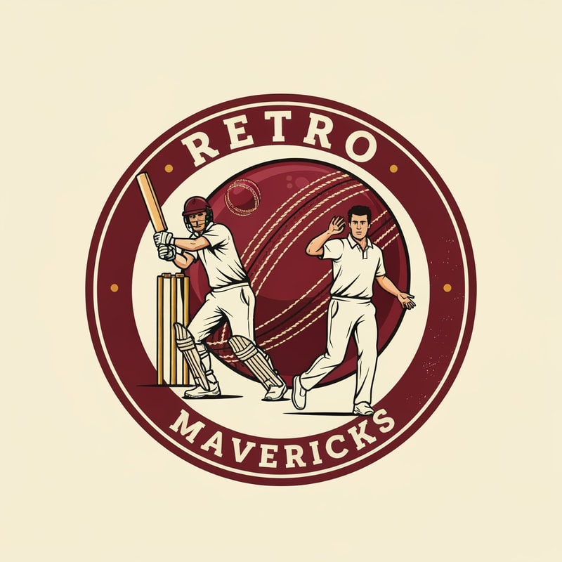 Design a retro-style cricket team logo for “RETRO MAVERICKS”.
Create a circular badge with old-school typography and a vintage emblem layout.
Main visual: two cricket players in action — one batsman playing a shot and one bowler delivering the ball. 
Players must be illustrated in a classic retro drawing style with bold outlines, slightly textured shading, and dynamic poses.

Place a vintage maroon leather cricket ball with stitching behind the players as a central background element.
Add cricket stumps subtly behind the batsman to enhance the cricket theme.

Use a color palette of maroon, cream, and gold.
Include subtle distressed textures for a retro heritage feel, but keep the overall artwork clean and sharp.
Add a bold circular border in maroon and gold.
Typography: vintage sports-style font for “RETRO” on top and “MAVERICKS” on bottom inside the round badge.
Composition must be symmetrical, powerful, and suitable as a professional cricket team identity.

High-resolution, vector-style, no background.