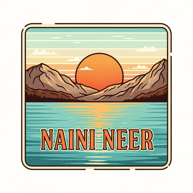 “Design a retro travel-postcard inspired SQUARE logo for NAINI NEER.
Inside the square, illustrate a lake scene with warm vintage tones: soft teal water, orange sun, textured mountains, and faded retro sky gradient.
Use thick outlines and soft grain texture for an old postcard effect.
Place the text NAINI NEER prominently in the CENTER of the square in bold classic typography.
Keep the vibe nostalgic but clean. No tagline.”