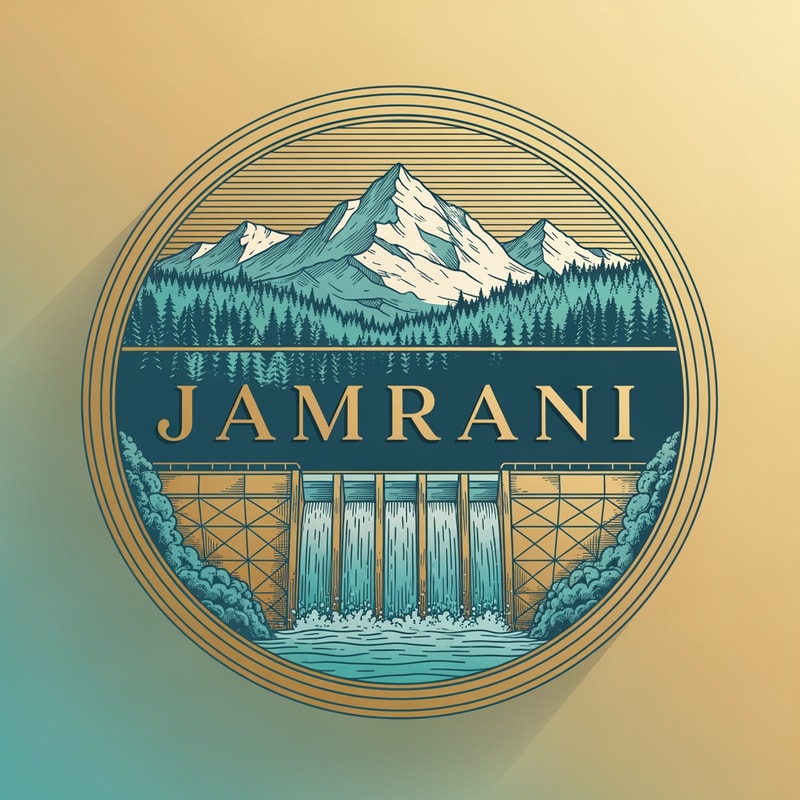 “Create a circular premium logo for the brand JAMRANI.
Inside the circle, illustrate a majestic snow mountain, dense pine forest, and a wide geometric dam in the mid-ground. Below the dam, show clean flowing turquoise water.
Use an engraved, vintage-illustration style with soft gold and teal gradients.
Place the brand name JAMRANI in elegant serif lettering across the center, integrated with the illustration but not covering the dam fully.
Add a double gold outer ring with subtle shadows.
Mood: natural, classic, trustworthy spring-water identity.”