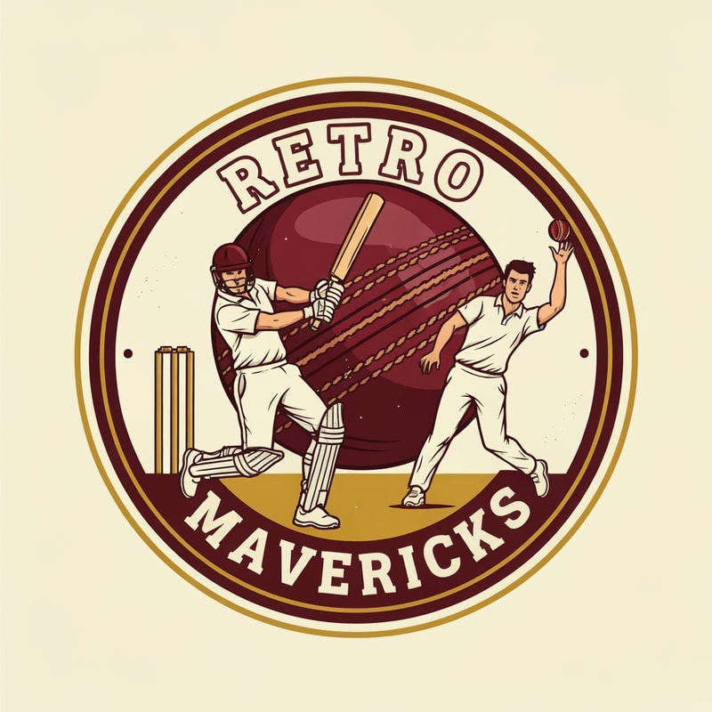 Design a retro-style cricket team logo for “RETRO MAVERICKS”.
Create a circular badge with old-school typography and a vintage emblem layout.
Main visual: two cricket players in action — one batsman playing a shot and one bowler delivering the ball. 
Players must be illustrated in a classic retro drawing style with bold outlines, slightly textured shading, and dynamic poses.

Place a vintage maroon leather cricket ball with stitching behind the players as a central background element.
Add cricket stumps subtly behind the batsman to enhance the cricket theme.

Use a color palette of maroon, cream, and gold.
Include subtle distressed textures for a retro heritage feel, but keep the overall artwork clean and sharp.
Add a bold circular border in maroon and gold.
Typography: vintage sports-style font for “RETRO” on top and “MAVERICKS” on bottom inside the round badge.
Composition must be symmetrical, powerful, and suitable as a professional cricket team identity.

High-resolution, vector-style, no background.