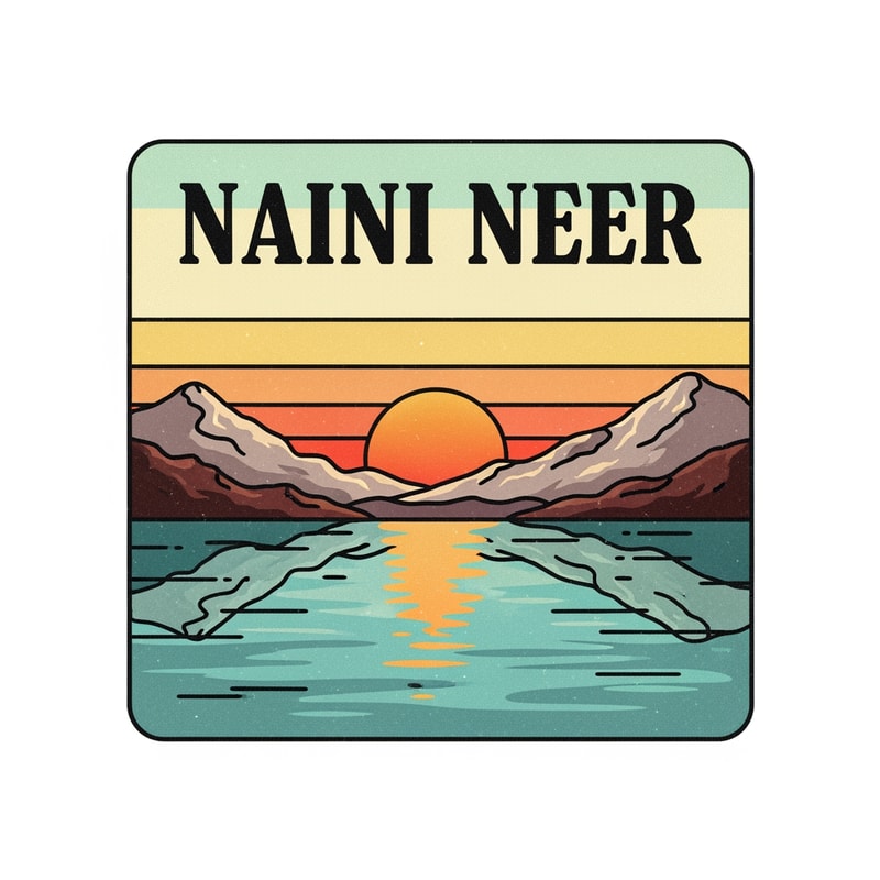 “Design a retro travel-postcard inspired SQUARE logo for NAINI NEER.
Inside the square, illustrate a lake scene with warm vintage tones: soft teal water, orange sun, textured mountains, and faded retro sky gradient.
Use thick outlines and soft grain texture for an old postcard effect.
Place the text NAINI NEER prominently in the CENTER of the square in bold classic typography.
Keep the vibe nostalgic but clean. No tagline.”