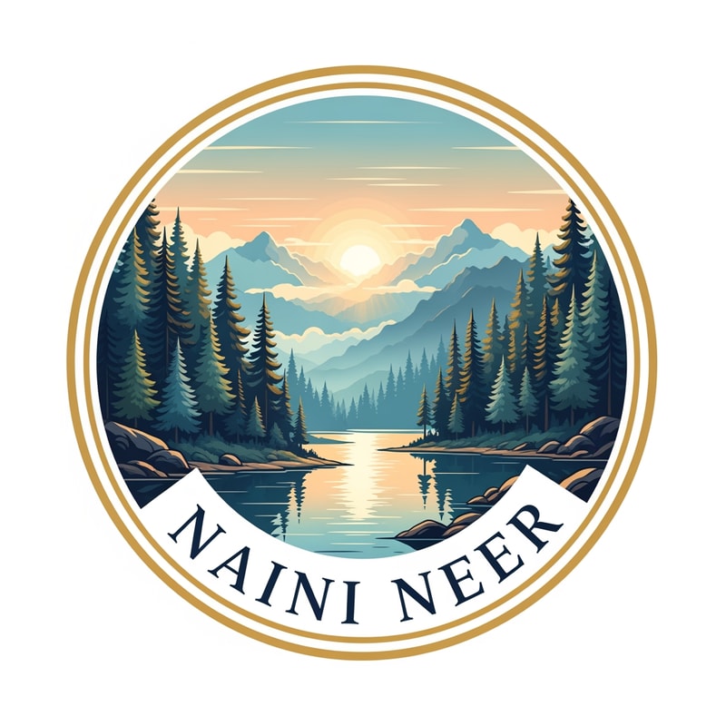 “Create a circular badge logo for NAINI NEER featuring a serene nature landscape: a calm lake in the foreground, pine forests on both sides, and layered mountains in the background under a soft sunrise sky. Use premium vector illustration style with smooth shading, clean outlines, and rich natural colors (deep blue, teal, forest green, golden sunlight). Add a double-ring gold border around the circle. Place ‘NAINI NEER’ inside the lower curve in elegant serif font. No tagline.”