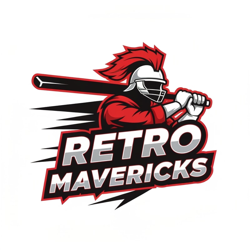 Create an aggressive warrior-style cricket team logo for “RETRO MAVERICKS”.
Include a heroic cricket player silhouette or warrior helmet holding a bat.
Add dynamic lines for motion and energy.
Bold lettering with retro flair.
Color palette: red, black, white.
Tournament-grade vector logo, no background.