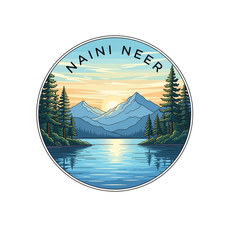 “Create a premium circular logo for the brand NAINI NEER.
Inside the circle, design a serene natural lake scene with calm blue water, soft ripples, and subtle reflections.
Add layered mountain silhouettes in the background, pine trees on both sides, and a warm sunrise or golden sky glow behind the peaks.
Use clean vector illustration style with soft gradients and elegant outlines.
The composition must feel calm, pure, refreshing, and premium.”