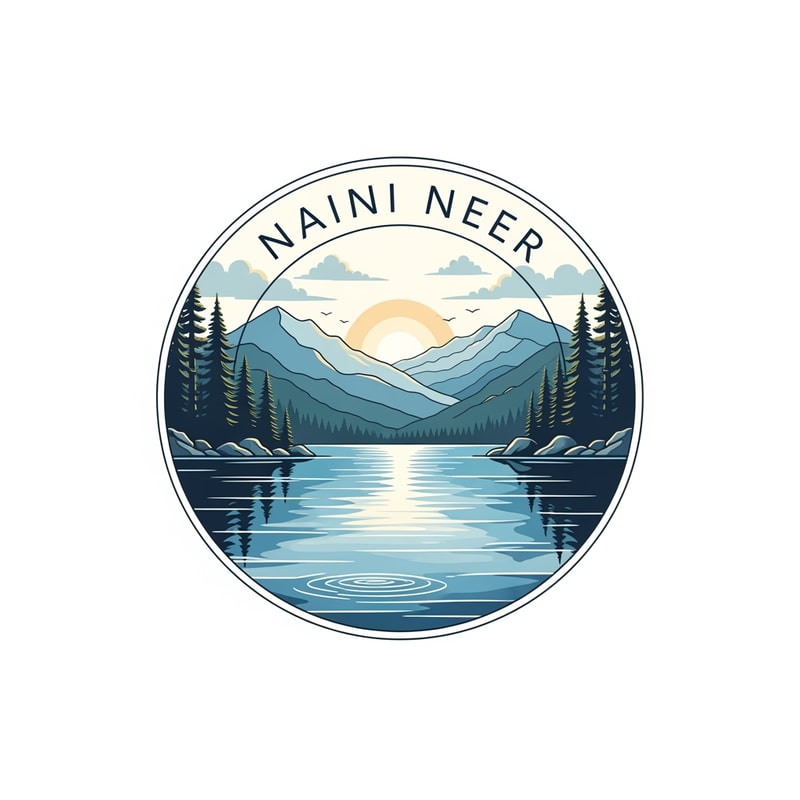 “Create a premium circular logo for the brand NAINI NEER.
Inside the circle, design a serene natural lake scene with calm blue water, soft ripples, and subtle reflections.
Add layered mountain silhouettes in the background, pine trees on both sides, and a warm sunrise or golden sky glow behind the peaks.
Use clean vector illustration style with soft gradients and elegant outlines.
The composition must feel calm, pure, refreshing, and premium.”