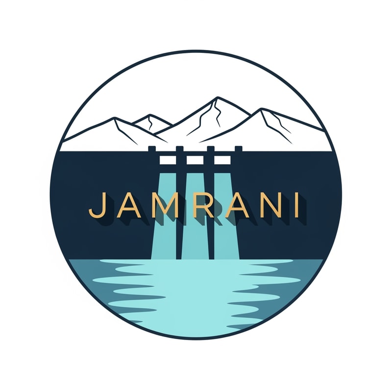 “Design a modern circular logo for JAMRANI featuring a minimal geometric dam silhouette at the center, with reflective water below and a soft mountain outline above.
Use a clean flat-vector style with aqua blues, deep navy, and soft gold.
Place JAMRANI in the middle of the circle in refined semi-serif typography with light shadow integration.
Keep shapes simple, symmetrical, and premium.
Mood: fresh, modern, pure, high-quality water source.”