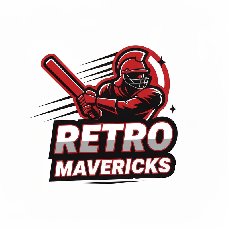 Create an aggressive warrior-style cricket team logo for “RETRO MAVERICKS”.
Include a heroic cricket player silhouette or warrior helmet holding a bat.
Add dynamic lines for motion and energy.
Bold lettering with retro flair.
Color palette: red, black, white.
Tournament-grade vector logo, no background.