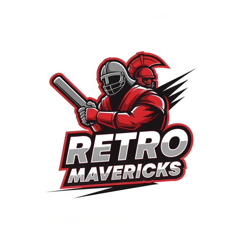Create an aggressive warrior-style cricket team logo for “RETRO MAVERICKS”.
Include a heroic cricket player silhouette or warrior helmet holding a bat.
Add dynamic lines for motion and energy.
Bold lettering with retro flair.
Color palette: red, black, white.
Tournament-grade vector logo, no background.