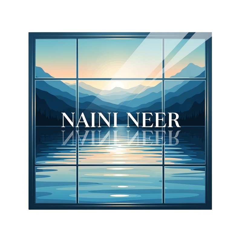 “Create a premium SQUARE logo for NAINI NEER inspired by a modern glass window frame.
Divide the square into subtle glass-panel sections and inside show a serene lake with smooth ripples, layered mountains, and soft sunrise gradients.
Use photo-realistic vector shading to make the scene feel like you're looking out through a window.
Place the text NAINI NEER in the exact CENTER of the square in elegant serif typography, with a subtle reflection on the glass.
Use a clean luxury style with blues, teals, and light gold accents. No tagline.”