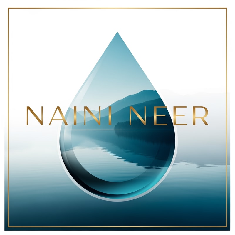 “Create a modern SQUARE logo for NAINI NEER featuring a large waterdrop shape inside the square.
Within the waterdrop, illustrate a serene lake with gentle reflections and a soft mountain backdrop. Use smooth gradients in deep blue and teal tones.
Place the text NAINI NEER in the CENTER of the square, overlapping the waterdrop slightly. Use elegant serif or luxury sans-serif typography in gold or cream. Add a thin premium border around the square. No tagline.”