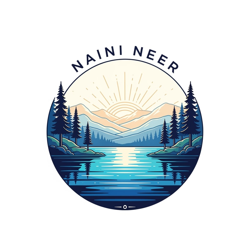 “Create a premium circular logo for the brand NAINI NEER.
Inside the circle, design a calm and serene lake scene with smooth rippling water in rich blue and teal tones.
Surround the lake with natural landscape elements: pine trees on both sides, gentle rolling hills, and soft mountain silhouettes in the background.
Add a warm rising sun or golden sky glow behind the mountains to create a refreshing, natural atmosphere.
Use a clean vector illustration style with soft gradients, elegant outlines, and balanced symmetry.