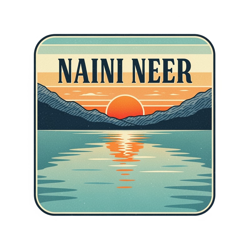 “Design a retro travel-postcard inspired SQUARE logo for NAINI NEER.
Inside the square, illustrate a lake scene with warm vintage tones: soft teal water, orange sun, textured mountains, and faded retro sky gradient.
Use thick outlines and soft grain texture for an old postcard effect.
Place the text NAINI NEER prominently in the CENTER of the square in bold classic typography.
Keep the vibe nostalgic but clean. No tagline.”