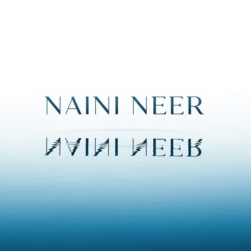 “Create an elegant modern logo for NAINI NEER where the text ‘NAINI NEER’ sits above a calm reflective lake. Show a soft mirror reflection of the letters on the water using a gentle blue gradient. Add very subtle wave distortion for realism. Keep the design minimal, airy, and clean, using deep navy or teal text. No mountains, no trees—just typography and water reflection in a premium style.”
