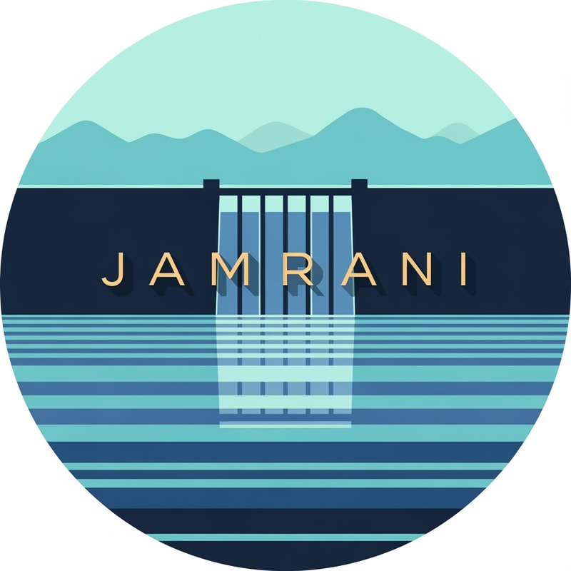 “Design a modern circular logo for JAMRANI featuring a minimal geometric dam silhouette at the center, with reflective water below and a soft mountain outline above.
Use a clean flat-vector style with aqua blues, deep navy, and soft gold.
Place JAMRANI in the middle of the circle in refined semi-serif typography with light shadow integration.
Keep shapes simple, symmetrical, and premium.
Mood: fresh, modern, pure, high-quality water source.”