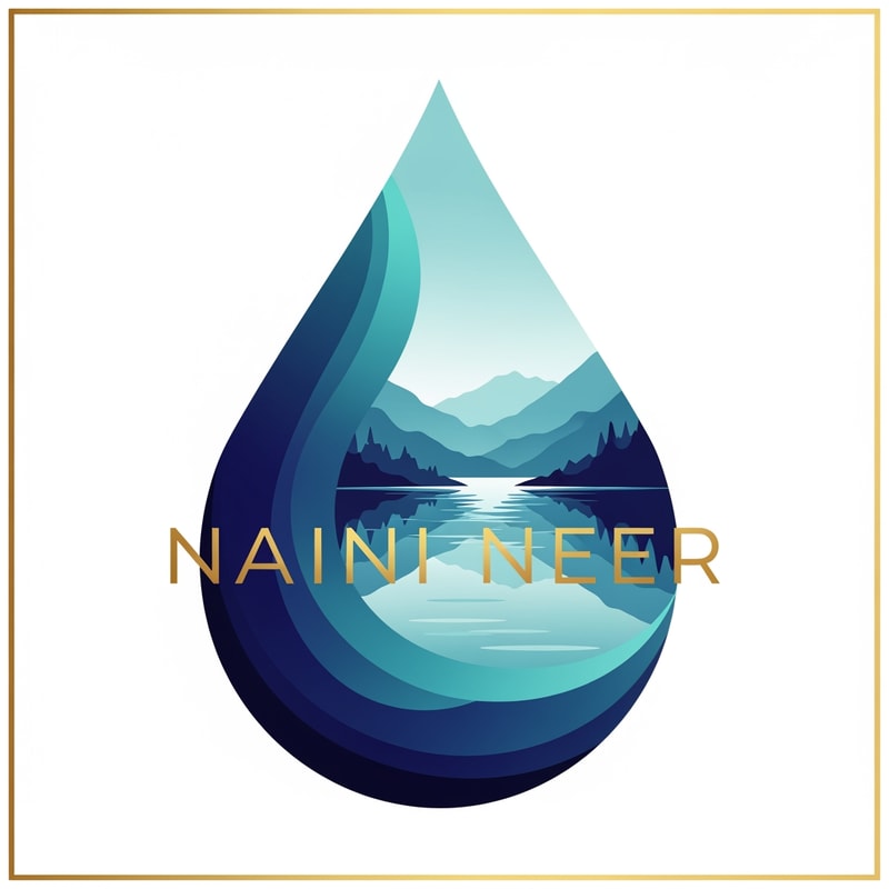 “Create a modern SQUARE logo for NAINI NEER featuring a large waterdrop shape inside the square.
Within the waterdrop, illustrate a serene lake with gentle reflections and a soft mountain backdrop. Use smooth gradients in deep blue and teal tones.
Place the text NAINI NEER in the CENTER of the square, overlapping the waterdrop slightly. Use elegant serif or luxury sans-serif typography in gold or cream. Add a thin premium border around the square. No tagline.”