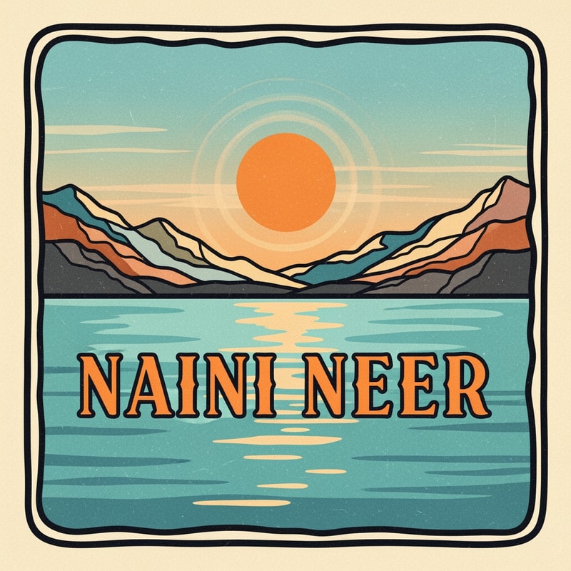 “Design a retro travel-postcard inspired SQUARE logo for NAINI NEER.
Inside the square, illustrate a lake scene with warm vintage tones: soft teal water, orange sun, textured mountains, and faded retro sky gradient.
Use thick outlines and soft grain texture for an old postcard effect.
Place the text NAINI NEER prominently in the CENTER of the square in bold classic typography.
Keep the vibe nostalgic but clean. No tagline.”