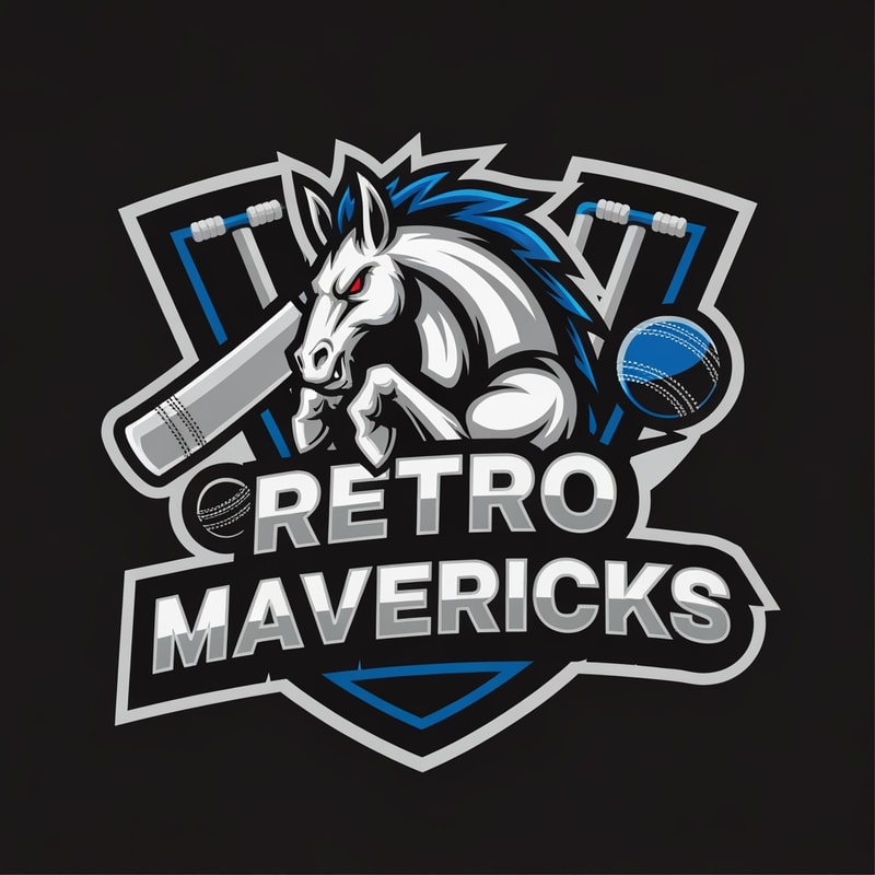 Create a powerful cricket team logo for “RETRO MAVERICKS”.
Mascot: a fierce wild horse (maverick), stylized and dynamic.
Integrate cricket elements: cricket ball, wicket stumps, or bats.
Color palette: black, silver, electric blue.
Retro bold lettering for the team name.
High-energy sports team logo, sharp edges, mascot-driven style.
No background, vector-style, clean finish.