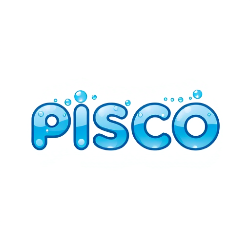 Professional logo design. Create a modern and refreshing wordmark logo for the brand name “PISCO”, designed in the same style as the bubble-effect “WATER” logo. The typography should be bold, rounded, and clean, with each letter filled with multiple overlapping circles in various shades of blue, representing bubbles and water purity. The bubbles should gradually disperse outward from the top of each letter, creating a dynamic dissolving effect that emphasizes freshness and movement. Use gradient tones ranging from light aqua to deep navy to give depth and vibrancy to the design. The overall look must be playful yet professional, symbolizing clarity, hydration, and purity, while keeping the background clean white to maximize contrast and ensure the brand name “PISCO” stands out clearly.