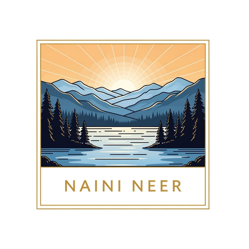 “Create a premium SQUARE logo for the brand NAINI NEER.
Inside the square, illustrate a calm lake with soft blue ripples, surrounded by pine trees on both sides and layered mountains in the background. Add a warm sunrise glow behind the peaks to create a refreshing atmosphere. Use clean vector illustration with soft gradients and elegant outlines.
Place the text NAINI NEER exactly in the CENTER of the square, straight and bold, using premium serif typography in gold or white. Ensure the text blends naturally with the scenery without overpowering it. Add a thin gold border around the square. No tagline.”