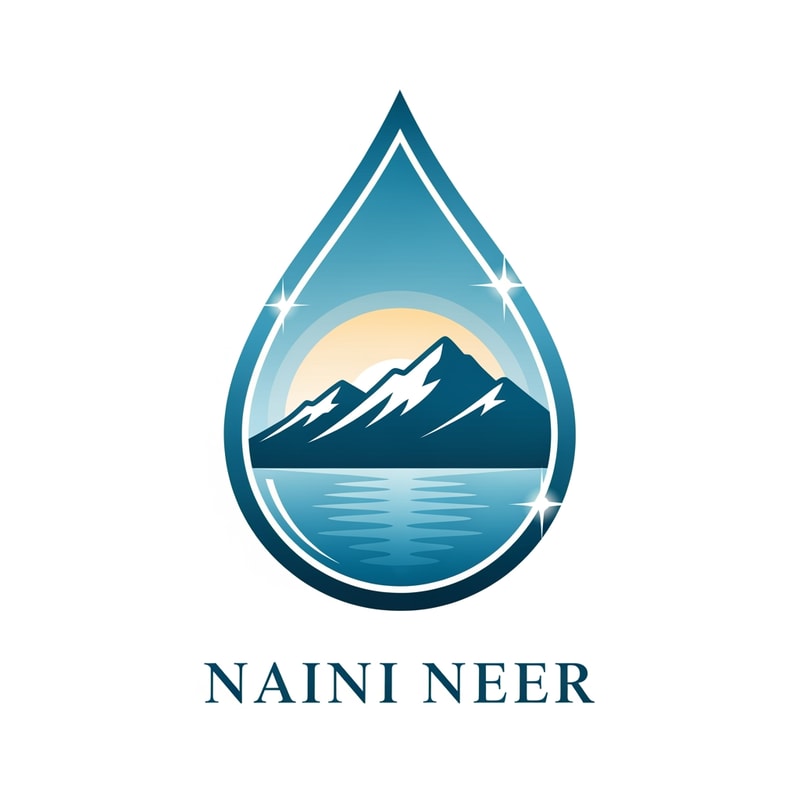 “Create a premium logo for the brand NAINI NEER using a large elegant waterdrop shape. Inside the drop, illustrate a calm blue lake with soft ripples, a minimal mountain silhouette, and a warm rising sun behind it. Use clean vector style with smooth gradients, refined outlines, and a luxurious blue-teal color palette. Add subtle white highlights to give a pure, fresh water feeling. Place the brand name ‘NAINI NEER’ below the drop in elegant serif typography. No clutter, no extra icons, no tagline.”
