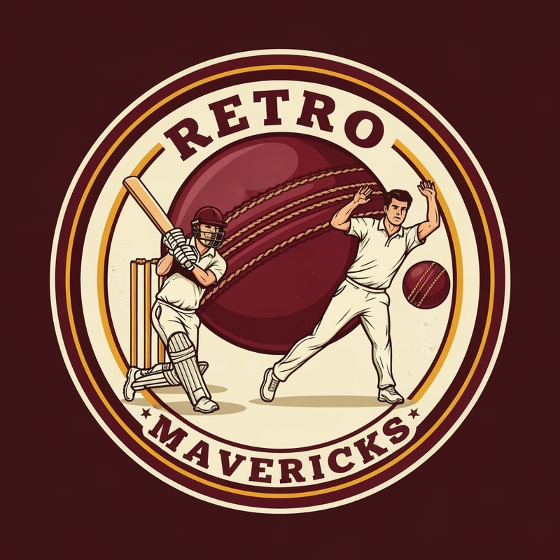 Design a retro-style cricket team logo for “RETRO MAVERICKS”.
Create a circular badge with old-school typography and a vintage emblem layout.
Main visual: two cricket players in action — one batsman playing a shot and one bowler delivering the ball.
Players must be illustrated in a classic retro drawing style with bold outlines, slightly textured shading, and dynamic poses.
Place a vintage maroon leather cricket ball with stitching behind the players as a central background element.
Add cricket stumps subtly behind the batsman to enhance the cricket theme.
Use a color palette of maroon, cream, and gold.
Include subtle distressed textures for a retro heritage feel, but keep the overall artwork clean and sharp.
Add a bold circular border in maroon and gold.
Typography: vintage sports-style font for “RETRO” on top and “MAVERICKS” on bottom inside the round badge.
Composition must be symmetrical, powerful, and suitable as a professional cricket team identity.
High-resolution, vector-style, no background.