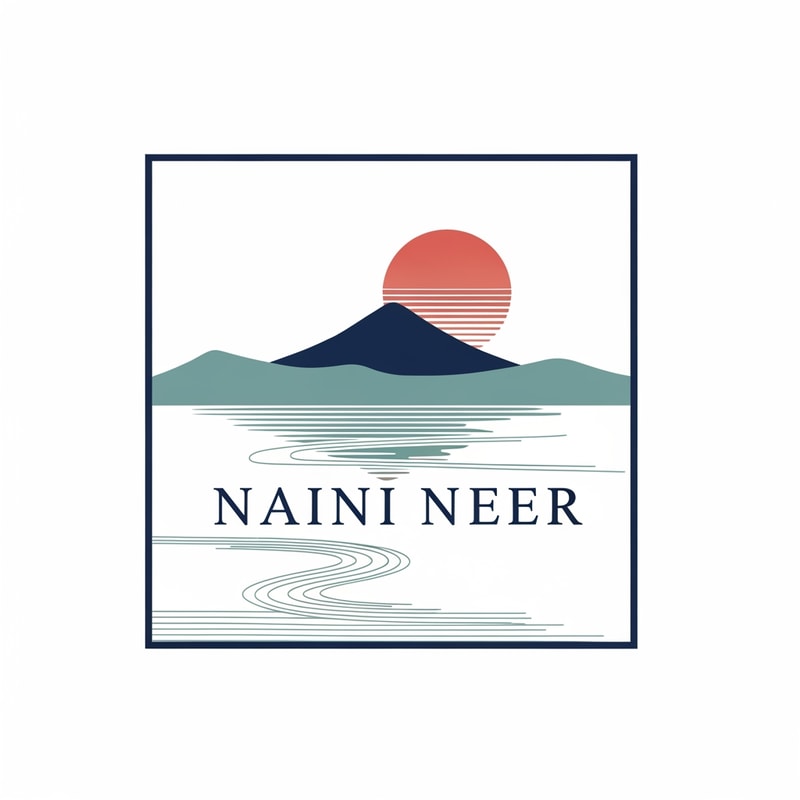 “Create a Japanese-inspired minimal SQUARE logo for NAINI NEER.
Inside the square, illustrate a calm lake using thin zen-style brush waves, a soft single mountain silhouette, and a warm circular sun behind it.
Use muted premium colors: teal, navy, soft red-sun accents.
Place the text NAINI NEER centered within the square in clean minimalist serif typography.
Keep everything ultra minimal, balanced, and peaceful. No tagline.”