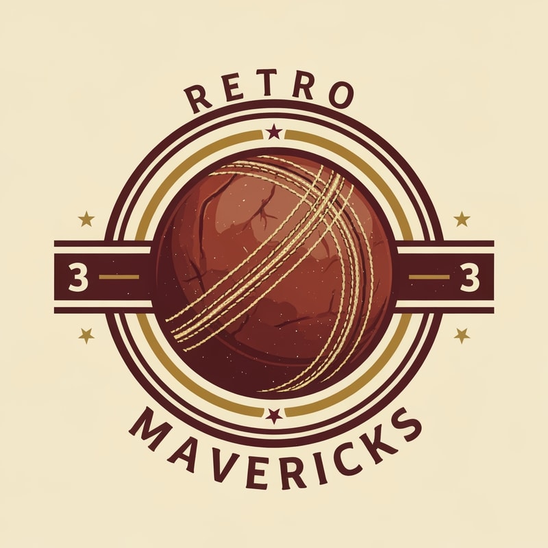 Design a retro-style cricket team logo for “RETRO MAVERICKS”.
Main element: a vintage leather cricket ball with stitching.
Design a circular badge with old-school typography.
Color palette: maroon, cream, gold.
Add subtle textures for retro feel but keep modern sharpness.
Clean vector finish, no background.