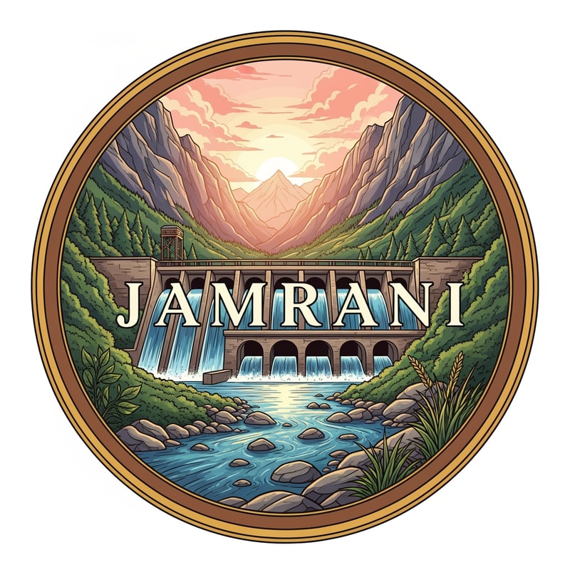 “Create a highly detailed circular illustrated logo showing a beautiful valley landscape with a large dam holding crystal-clear water.
Background: tall mountains with pink-orange sunrise.
Mid-ground: dam structure with spillway arches.
Foreground: river with stones and greenery.
Place JAMRANI in bold, premium serif lettering across the center, blended naturally with the scene.
Use smooth gradients, premium shading, and a warm-classic border in gold + deep brown.
No taglines or additional text.”