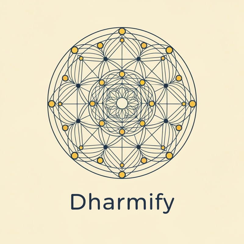 A circular mandala built with geometric nodes and lines, resembling both a sacred design and a digital network. It conveys ancient wisdom adapted to today’s digital platforms. “Dharmify” sits below in calm lowercase type, emphasizing accessibility and peace.