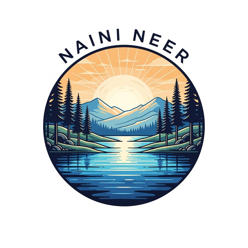 “Create a premium circular logo for the brand NAINI NEER.
Inside the circle, design a calm and serene lake scene with smooth rippling water in rich blue and teal tones.
Surround the lake with natural landscape elements: pine trees on both sides, gentle rolling hills, and soft mountain silhouettes in the background.
Add a warm rising sun or golden sky glow behind the mountains to create a refreshing, natural atmosphere.
Use a clean vector illustration style with soft gradients, elegant outlines, and balanced symmetry.