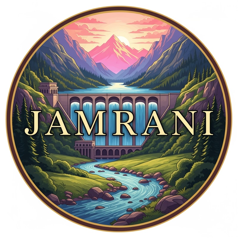 “Create a highly detailed circular illustrated logo showing a beautiful valley landscape with a large dam holding crystal-clear water.
Background: tall mountains with pink-orange sunrise.
Mid-ground: dam structure with spillway arches.
Foreground: river with stones and greenery.
Place JAMRANI in bold, premium serif lettering across the center, blended naturally with the scene.
Use smooth gradients, premium shading, and a warm-classic border in gold + deep brown.
No taglines or additional text.”