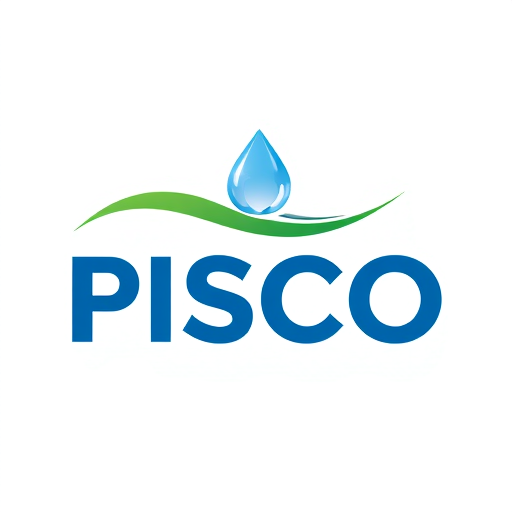 Professional logo design. Create a modern, professional, and eco-friendly wordmark logo for the brand name “PISCO”. The logo should feature bold, rounded sans-serif typography in deep blue to convey purity, freshness, and trust, similar to premium mineral water brands. Above or integrated with the text, include a stylized green wave or swoosh element that represents flow, nature, and sustainability. At the end of the wave, add a clean, minimal water droplet icon, using gradient shades of blue with a subtle highlight to suggest clarity and purity. The droplet can have a soft outline or layered effect for depth. The overall design should feel fresh, minimal, and corporate-friendly, ensuring versatility across bottle labels, packaging, advertisements, and digital media. Background should remain clean white for maximum contrast, making the brand name “PISCO” the clear focal point.
