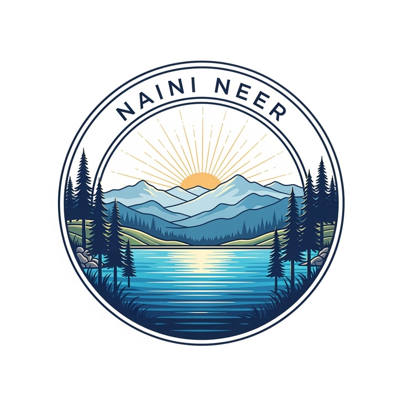 “Create a premium circular logo for the brand NAINI NEER.
Inside the circle, design a calm and serene lake scene with smooth rippling water in rich blue and teal tones.
Surround the lake with natural landscape elements: pine trees on both sides, gentle rolling hills, and soft mountain silhouettes in the background.
Add a warm rising sun or golden sky glow behind the mountains to create a refreshing, natural atmosphere.
Use a clean vector illustration style with soft gradients, elegant outlines, and balanced symmetry.