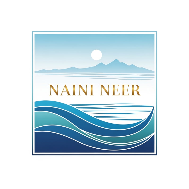“Create a modern geometric SQUARE logo for NAINI NEER.
Inside the square, design abstract flowing wave shapes representing a calm lake. Use layered blue and teal curves, with a soft gradient sky and a minimal mountain silhouette at the top. Keep the composition simple, balanced, and symmetrical.
Place the brand name NAINI NEER directly in the CENTER of the square using elegant serif typography in gold or white. Ensure the waves and mountains subtly frame the text. Add a clean thin border around the square. No tagline.”