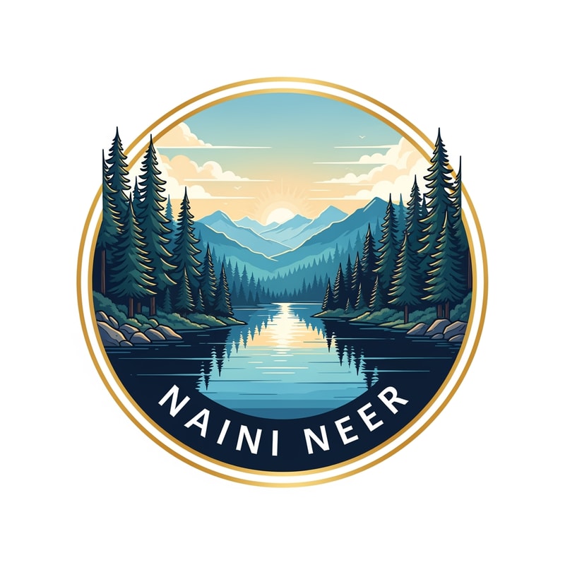 “Create a circular badge logo for NAINI NEER featuring a serene nature landscape: a calm lake in the foreground, pine forests on both sides, and layered mountains in the background under a soft sunrise sky. Use premium vector illustration style with smooth shading, clean outlines, and rich natural colors (deep blue, teal, forest green, golden sunlight). Add a double-ring gold border around the circle. Place ‘NAINI NEER’ inside the lower curve in elegant serif font. No tagline.”