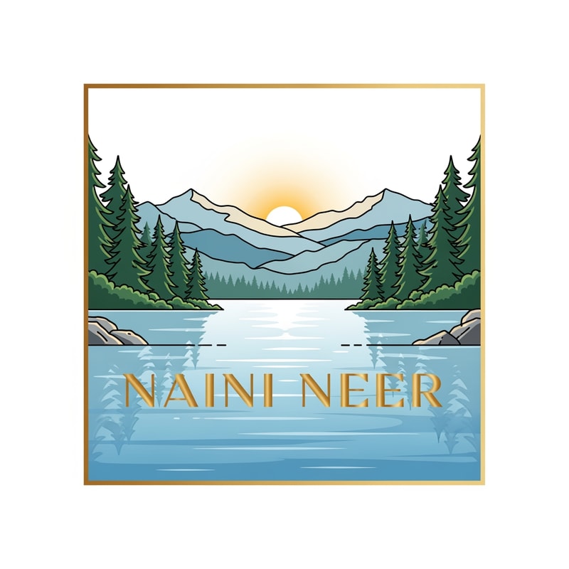 “Create a premium SQUARE logo for the brand NAINI NEER.
Inside the square, illustrate a calm lake with soft blue ripples, surrounded by pine trees on both sides and layered mountains in the background. Add a warm sunrise glow behind the peaks to create a refreshing atmosphere. Use clean vector illustration with soft gradients and elegant outlines.
Place the text NAINI NEER exactly in the CENTER of the square, straight and bold, using premium serif typography in gold or white. Ensure the text blends naturally with the scenery without overpowering it. Add a thin gold border around the square. No tagline.”