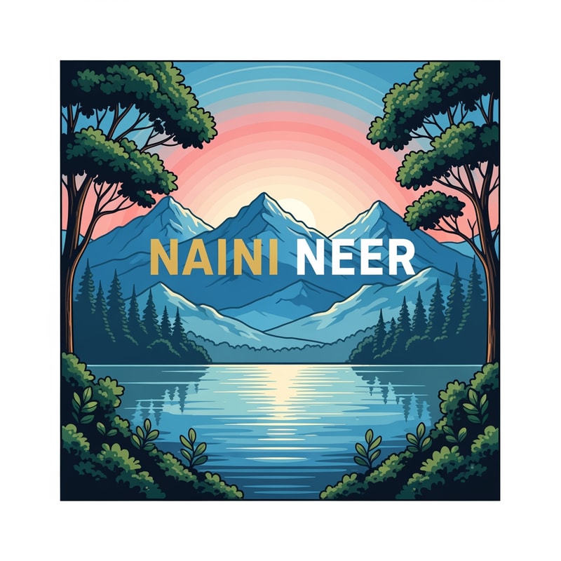 “Design an artistic SQUARE nature logo for NAINI NEER.
Inside the square, create a scenic illustration of a lake bordered by trees, distant blue mountains, and a warm pink-orange sunrise sky. Use refined vector illustration with controlled gradients, soft shading, and rich natural colors.
Place the word NAINI NEER in the exact CENTER of the square in bold premium typography (gold or white). The text must blend into the scene while remaining clear. No tagline or external decoration.”