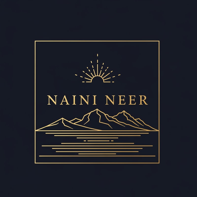 “Design a luxury SQUARE logo for NAINI NEER using only thin gold line art.
Inside the square, draw minimal outlines of a calm lake, mountain peaks, and a rising sun using elegant gold linework on a dark navy background.
Place the text NAINI NEER centered inside the square in gold serif typography, perfectly aligned with the illustration.
Style should feel premium, modern, and exclusive. No gradients, no tagline.”