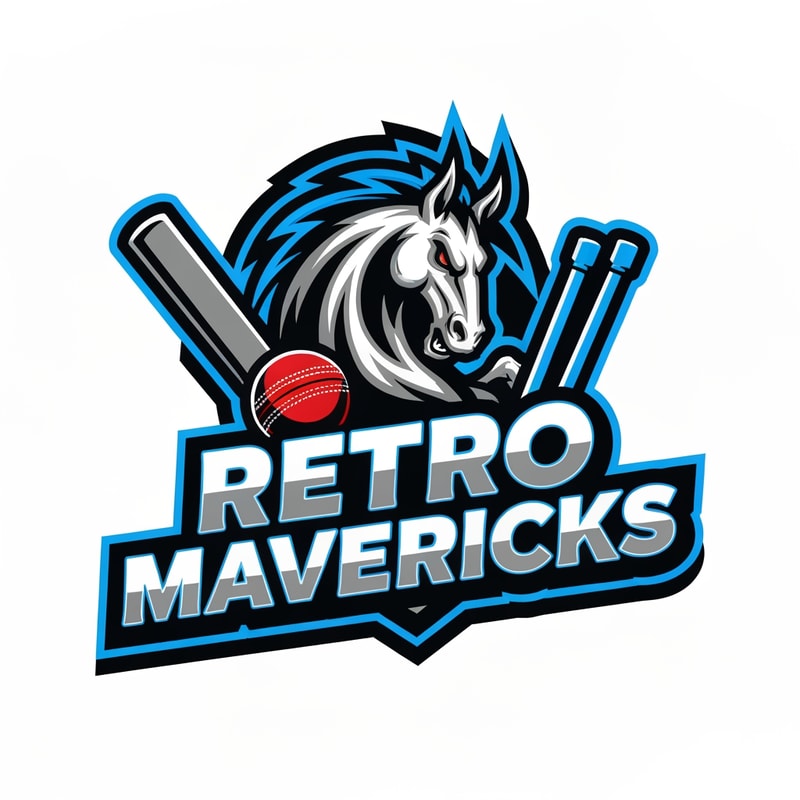 Create a powerful cricket team logo for “RETRO MAVERICKS”.
Mascot: a fierce wild horse (maverick), stylized and dynamic.
Integrate cricket elements: cricket ball, wicket stumps, or bats.
Color palette: black, silver, electric blue.
Retro bold lettering for the team name.
High-energy sports team logo, sharp edges, mascot-driven style.
No background, vector-style, clean finish.