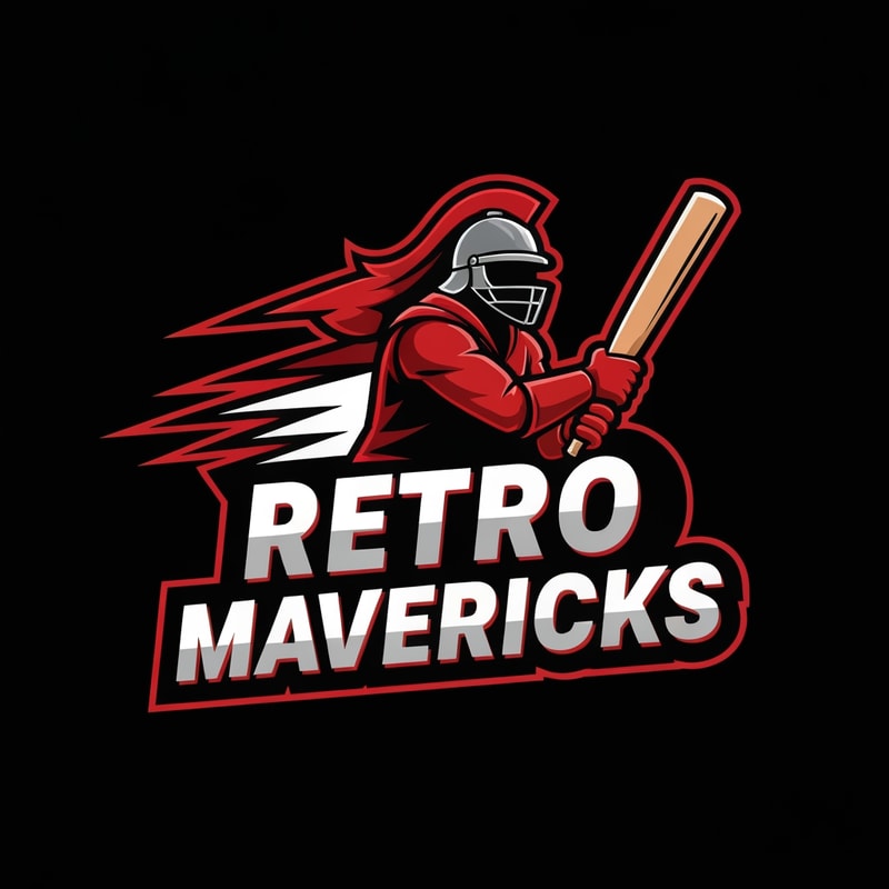 Create an aggressive warrior-style cricket team logo for “RETRO MAVERICKS”.
Include a heroic cricket player silhouette or warrior helmet holding a bat.
Add dynamic lines for motion and energy.
Bold lettering with retro flair.
Color palette: red, black, white.
Tournament-grade vector logo, no background.
