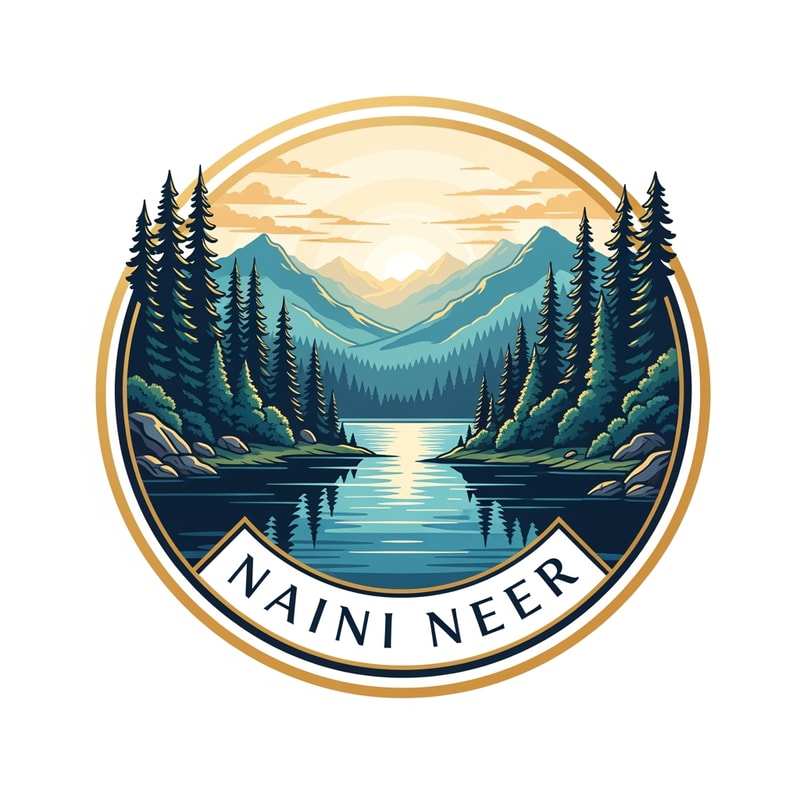 “Create a circular badge logo for NAINI NEER featuring a serene nature landscape: a calm lake in the foreground, pine forests on both sides, and layered mountains in the background under a soft sunrise sky. Use premium vector illustration style with smooth shading, clean outlines, and rich natural colors (deep blue, teal, forest green, golden sunlight). Add a double-ring gold border around the circle. Place ‘NAINI NEER’ inside the lower curve in elegant serif font. No tagline.”