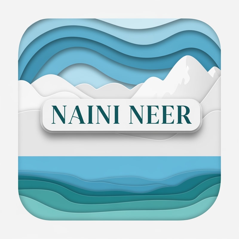 “Create a paper-cut art style SQUARE logo for NAINI NEER.
Use layered 3D paper shapes to form a calm lake at the bottom, mountain shapes above, and sky gradient behind.
Each layer should have soft shadows to create depth.
Place the text NAINI NEER in the center layer, slightly elevated, using clean modern serif typography.
Soft color palette: teal, sky blue, soft white. No tagline.”