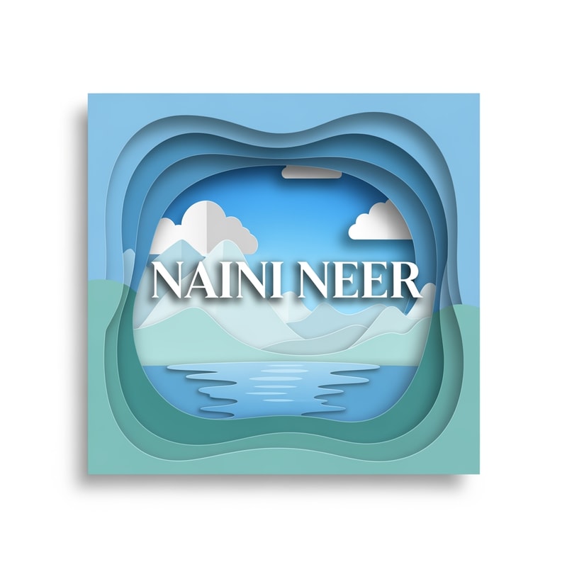 “Create a paper-cut art style SQUARE logo for NAINI NEER.
Use layered 3D paper shapes to form a calm lake at the bottom, mountain shapes above, and sky gradient behind.
Each layer should have soft shadows to create depth.
Place the text NAINI NEER in the center layer, slightly elevated, using clean modern serif typography.
Soft color palette: teal, sky blue, soft white. No tagline.”